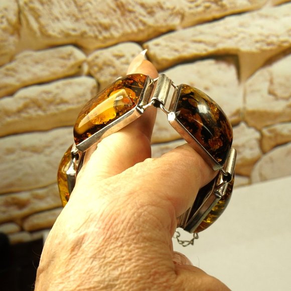 HEAVY AMBER 925 SILVER PANEL BRACELET 8", GIFT FOR HER or HIM - Picture 10 of 11